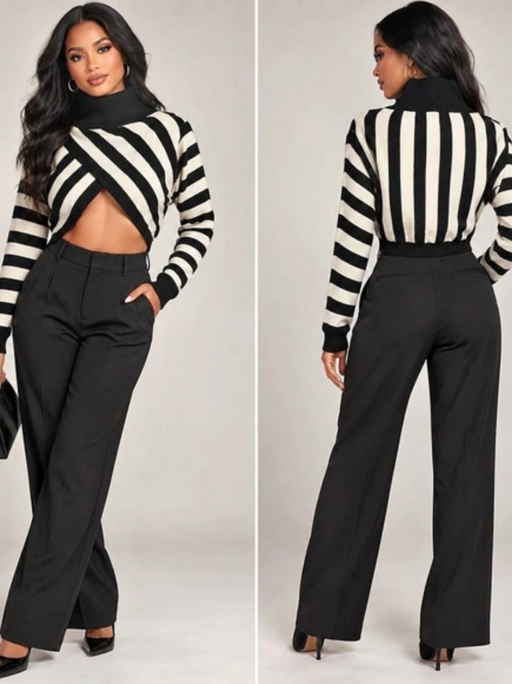 Striped Turtleneck Sweater in Black & Cream